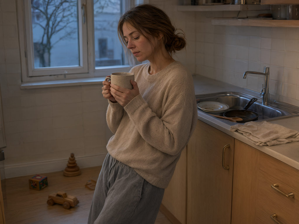 Ein Elternteil sitzt am frühen Morgen mit einer Tasse in der Küche, im Hintergrund liegt Kinderspielzeug.