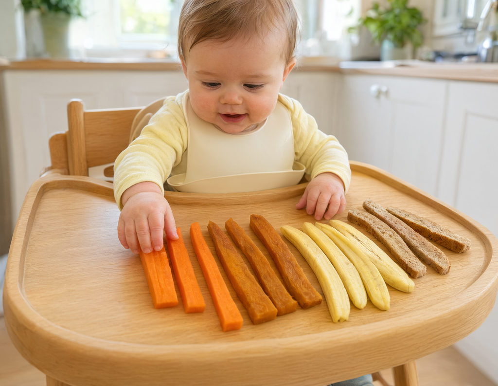 Hochstuhltablett mit langen weichen Streifen aus Karotte, Süßkartoffel, Banane und Brotrinde
