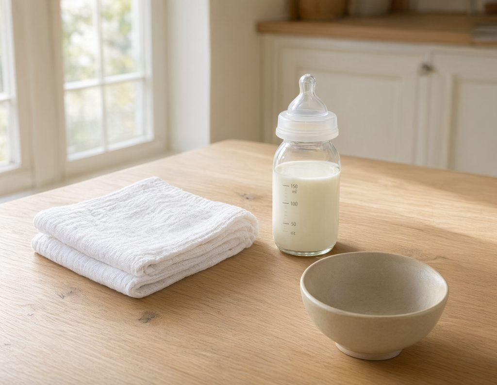 Fläschchen mit Milch, gefaltetes Mulltuch und eine leere Schale auf einem Küchentisch