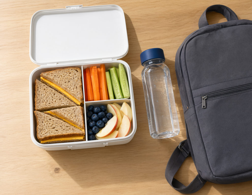 Geöffnete Jausenbox mit Vollkornbrot, Gemüsesticks, Beeren und Apfelspalten, daneben eine Wasserflasche