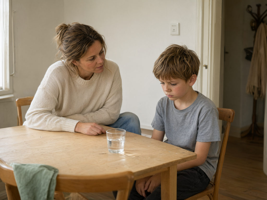 Ein Elternteil sitzt mit einem Schulkind am Küchentisch und hört zu.