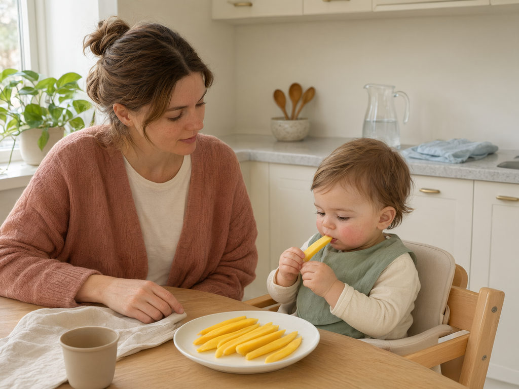 Ein Kleinkind sitzt aufrecht am Tisch und isst kleingeschnittenes Obst, ein Erwachsener sitzt daneben.