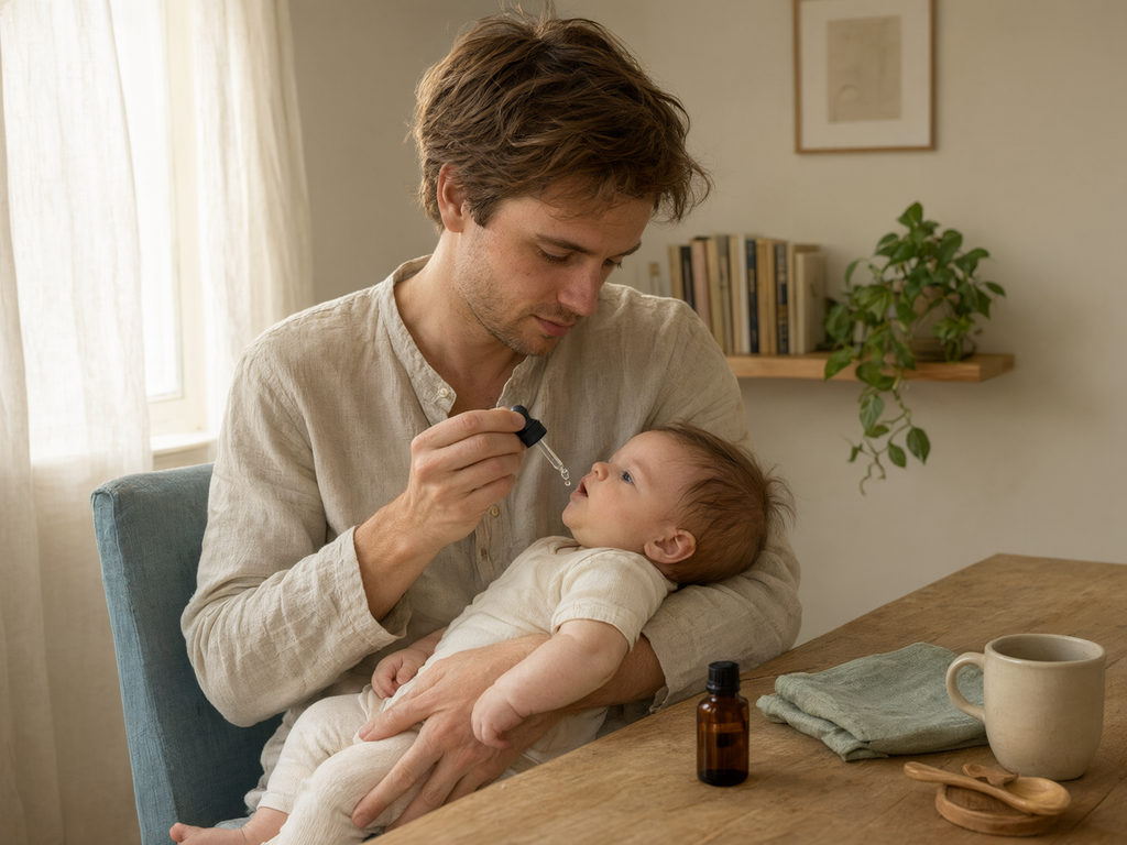 Ein Vater gibt seinem Baby Vitamin-D-Tropfen aus einer Pipette.