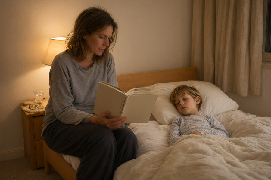 Ein Elternteil sitzt abends am Bett eines Schulkindes und liest bei warmem Lampenlicht vor.